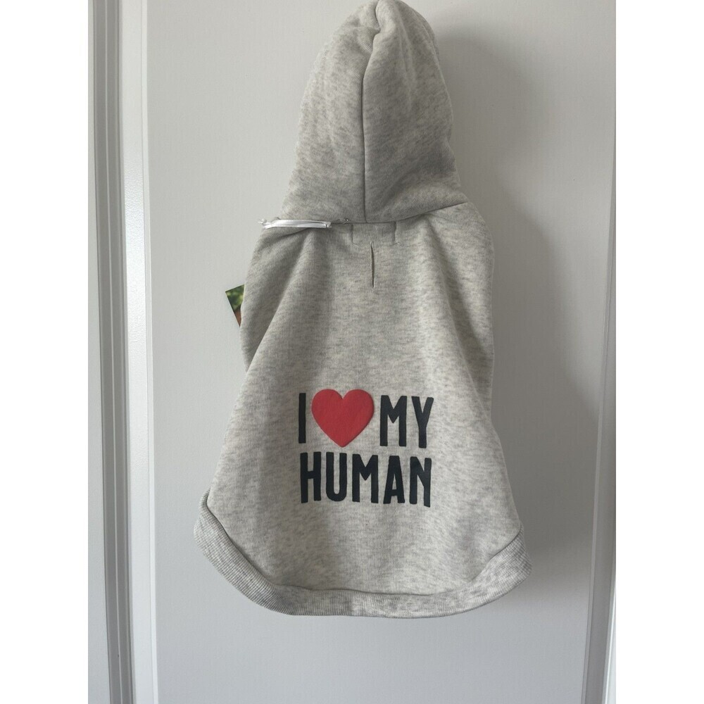 New! The Humane Society Pet Dog Apparel Hoodie Sweatshirt S-I Love my Human gray